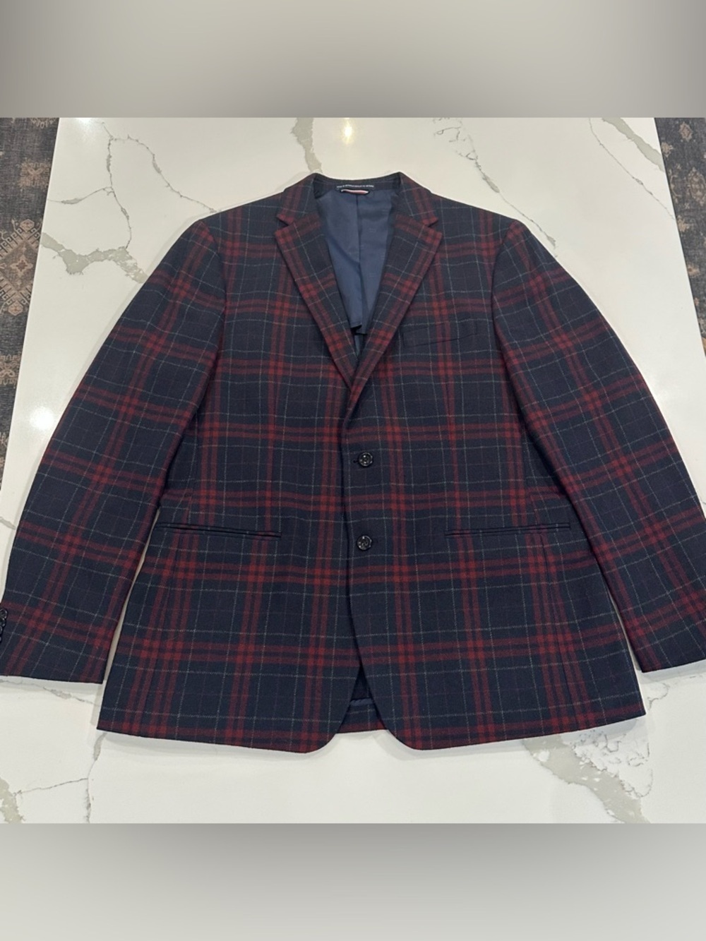 Vintage Tommy Hilfiger Wool Blazer Navy Red Plaid Sport Coat Mens 44L Preppy Ivy
